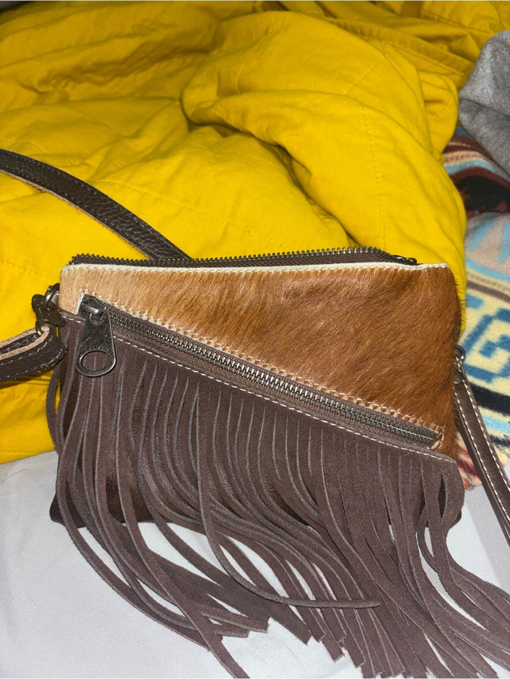 Brown Fringe Crossbody Bag with Haircalf Accent